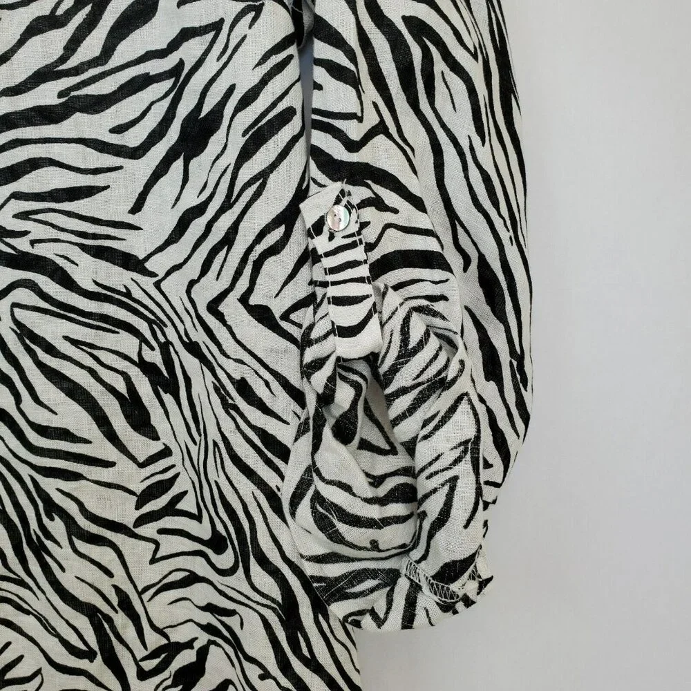 Cynthia Rowley Top Womens 2X Linen Zebra Animal Roll Tab Sleeves Button Front - Picture 2 of 10